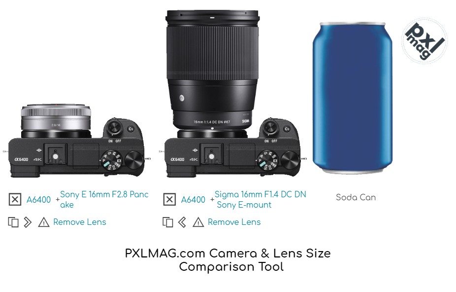 A6400_E-16mm-F2.8-Pancake-A6400_16mm-F1.4-DC-DN-Sony-E-mount-Sony-E-size-comparison-PXLMAG.jpg